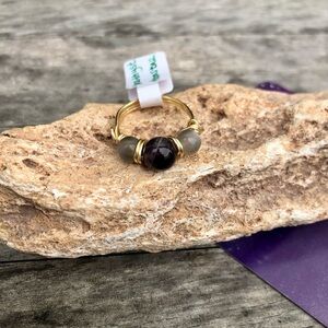 Super 7 Amethyst Moonstone Beaded Wire Wrapped Ring - size 8